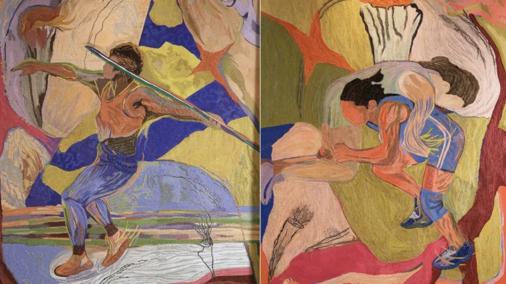 Artwork describing Sakshi Malik’s bronze medal in wrestling at the 2016 Rio Olympics and Neeraj Chopra’s gold medal in javelin at the 2021 Tokyo Olympics. Artwork describing Sakshi Malik’s bronze medal in wrestling at the 2016 Rio Olympics and Neeraj Chopra’s gold medal in javelin at the 2021 Tokyo Olympics.