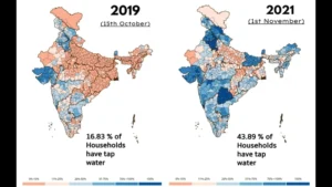 Timeline of Jal Jeevan Mission’s achievements, showing the increase in households with tap water access. (Data: Jal Jeevan Mission website) Timeline of Jal Jeevan Mission’s achievements, showing the increase in households with tap water access. (Data: Jal Jeevan Mission website)