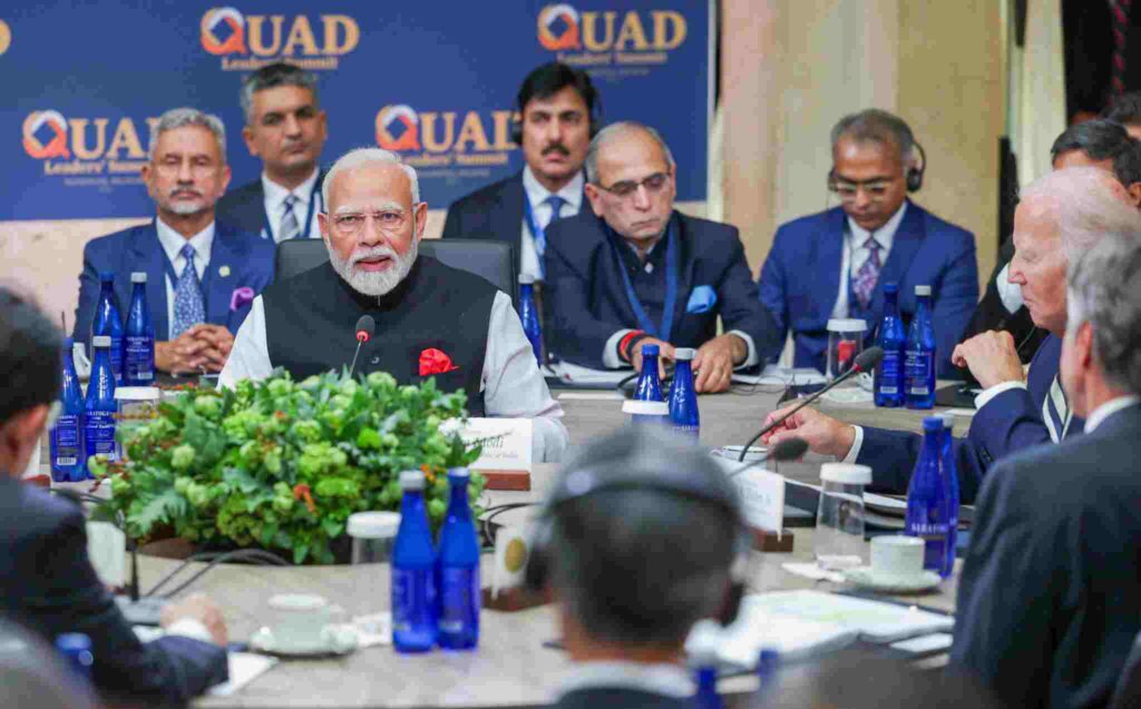 PM Modi speaks at the Quad Leaders' Summit, in Wilmington on Saturday. US President Joe Biden, External Affairs Minister S Jaishankar and Ambassador of India to the US Vinay Mohan Kwatra also seen. ANI PM Modi speaks at the Quad Leaders' Summit, in Wilmington on Saturday. US President Joe Biden, External Affairs Minister S Jaishankar and Ambassador of India to the US Vinay Mohan Kwatra also seen. ANI