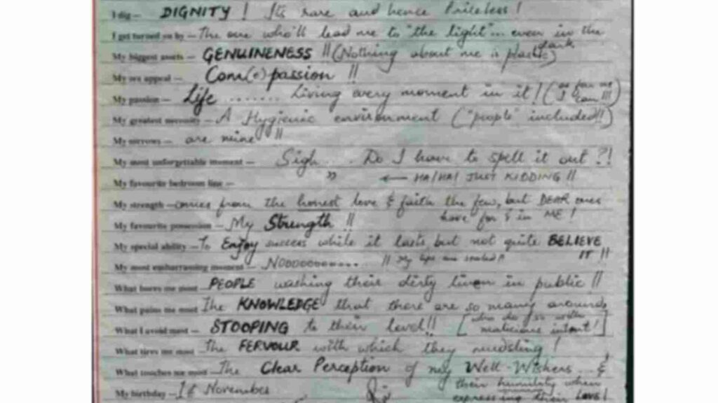 Aishwarya Rai Bachchan's diary page Aishwarya Rai Bachchan's diary page