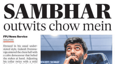 ‘Sambhar Outwits Chow Mein’ Newspaper Headline After D Gukesh Youngest World Chess Champion Win