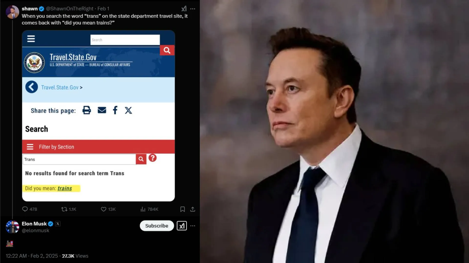 Elon Musk Reacts After ‘Trans’ Search Suggests ‘Trains’ on State Department Website