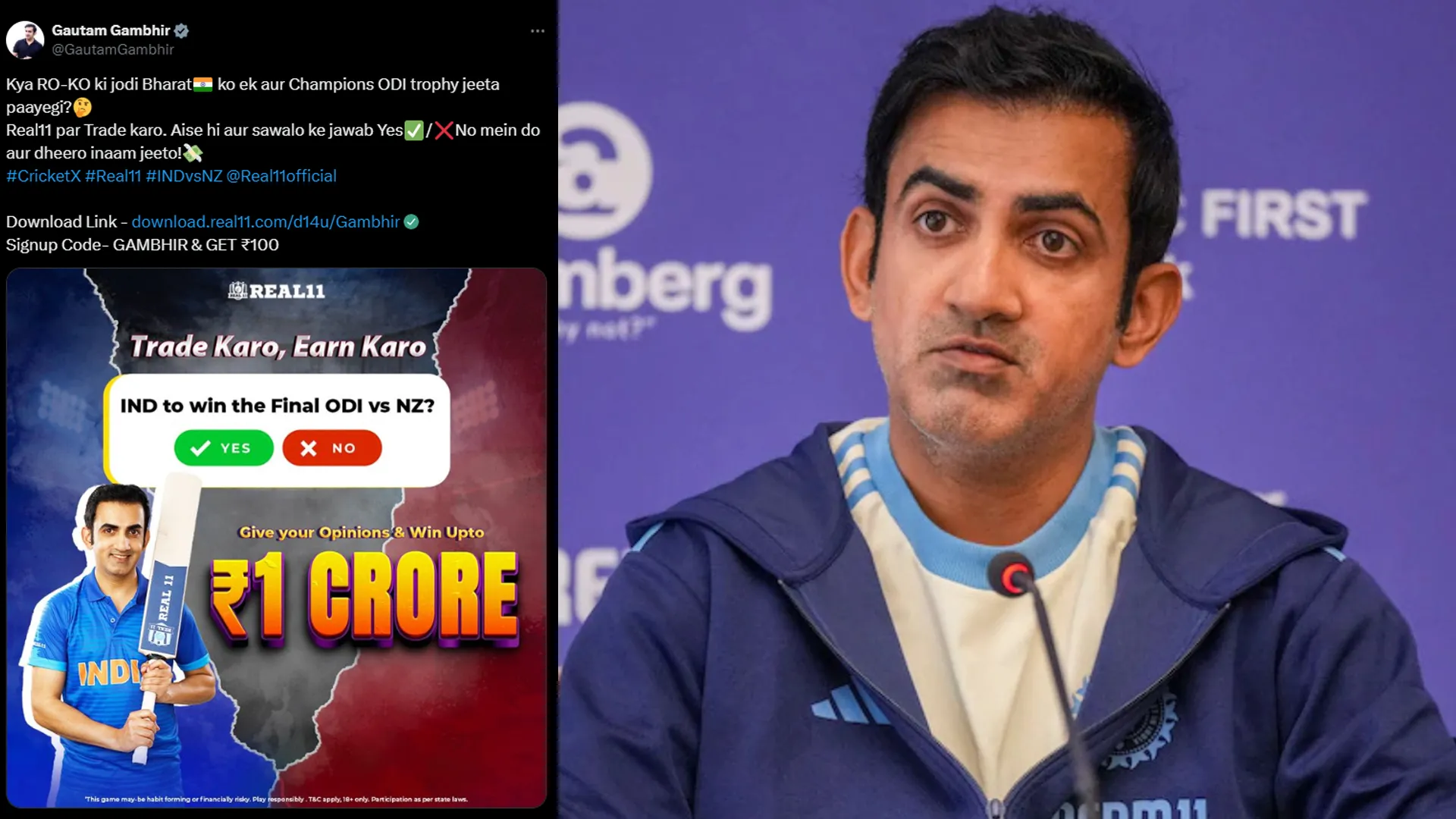 Gautam Gambhir Draws Criticism for Fantasy Cricket Post Before Champions Trophy Final