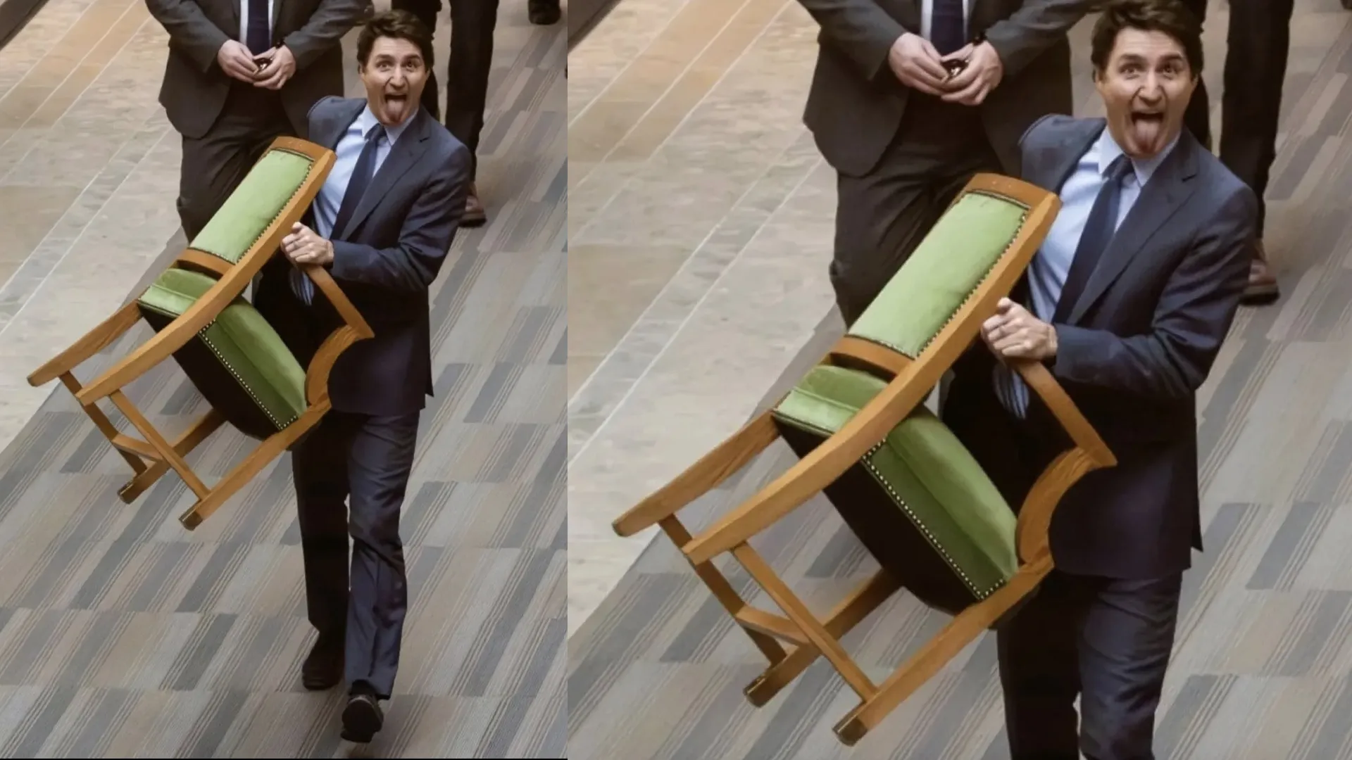 Justin Trudeau’s Playful Exit: Chair in Hand, Tongue Out, and a Viral Moment