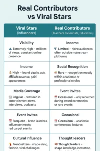 “Real Contributors vs Viral Stars” comparison — visibility, income, social recognition.