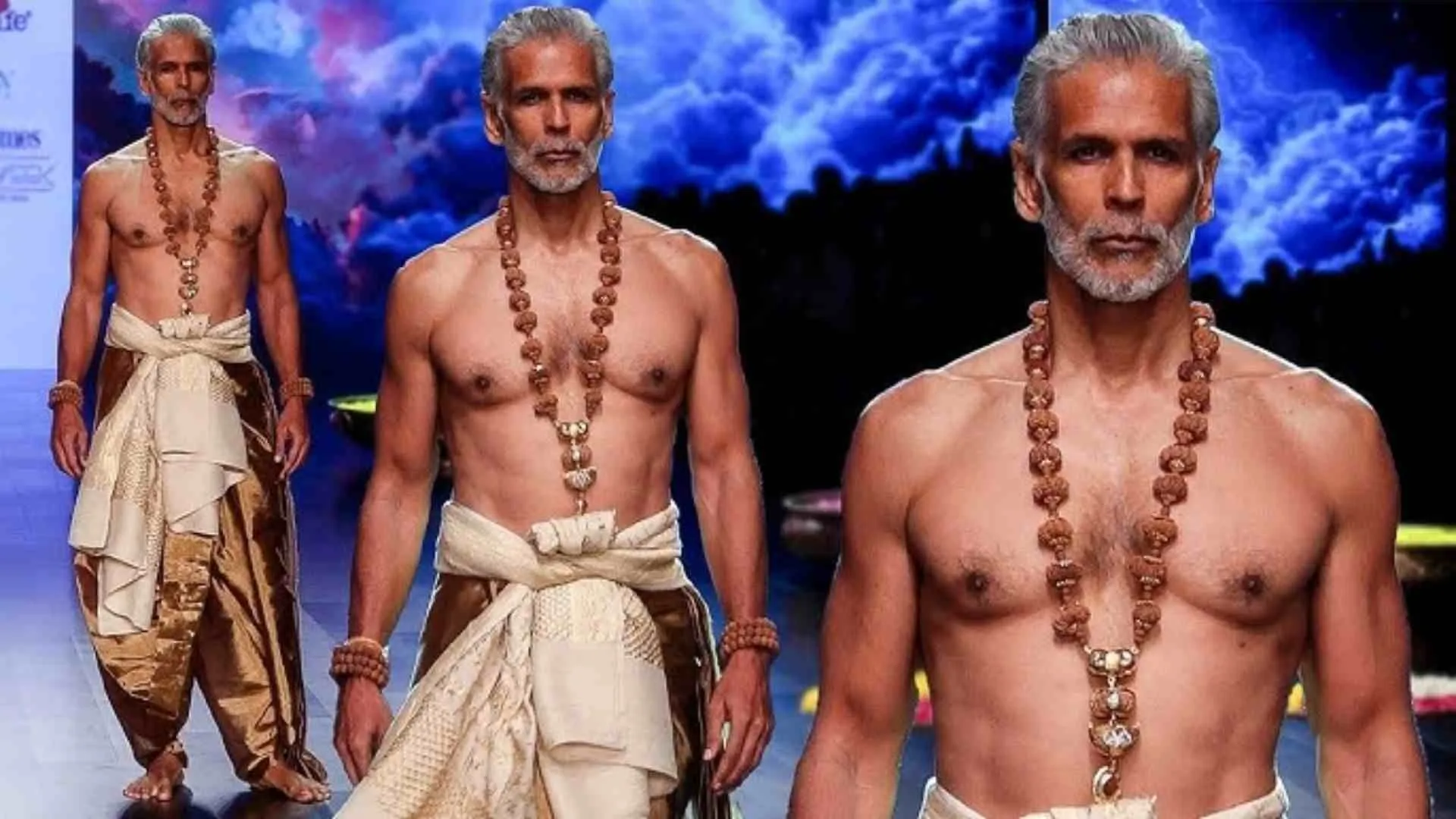 Milind Soman’s Iconic Return to the Ramp in a Saree and Rudraksha Mala | WATCH