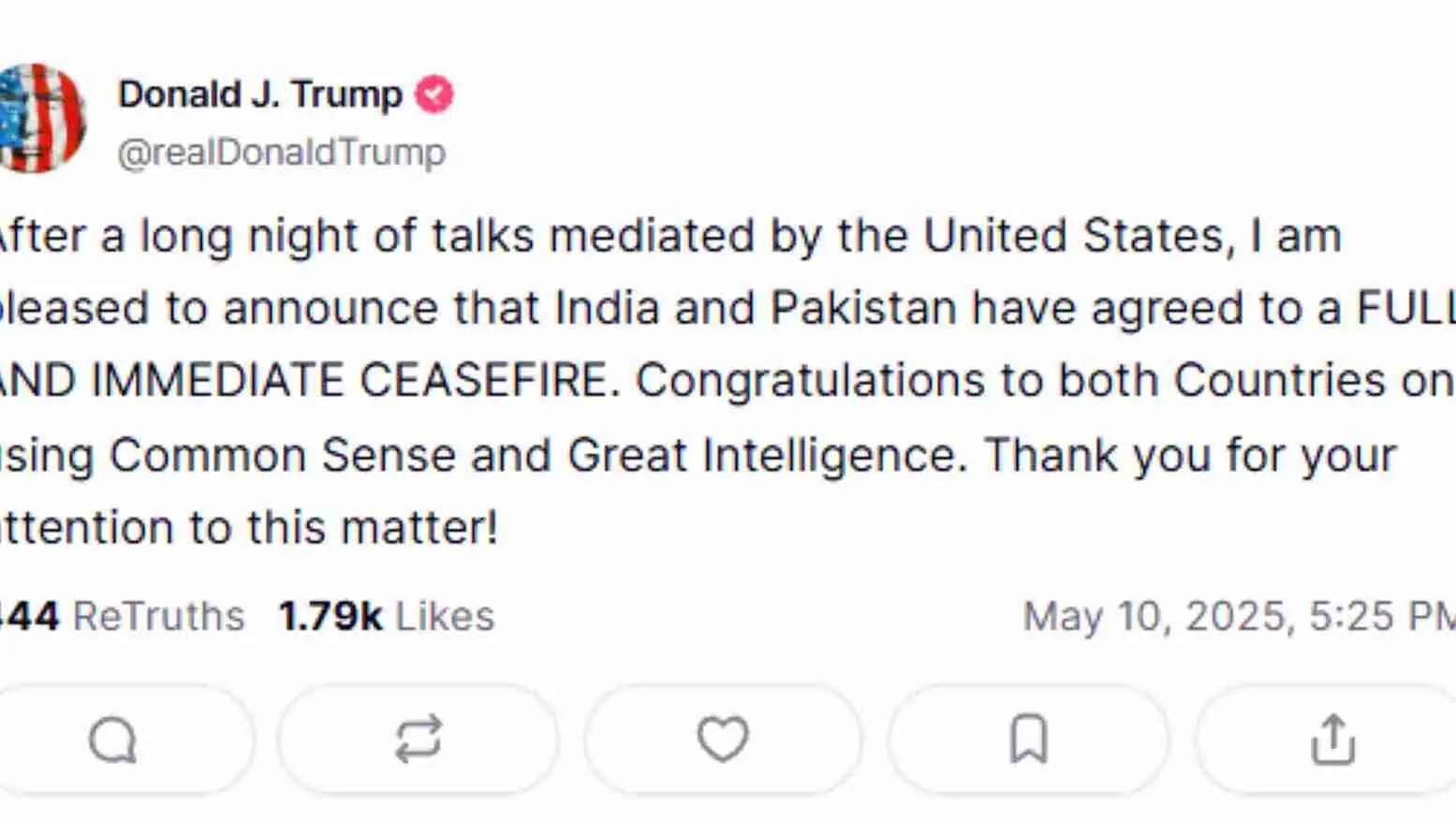 India-Pakistan Agree To ‘Immediate Ceasefire’ Says US President Trump