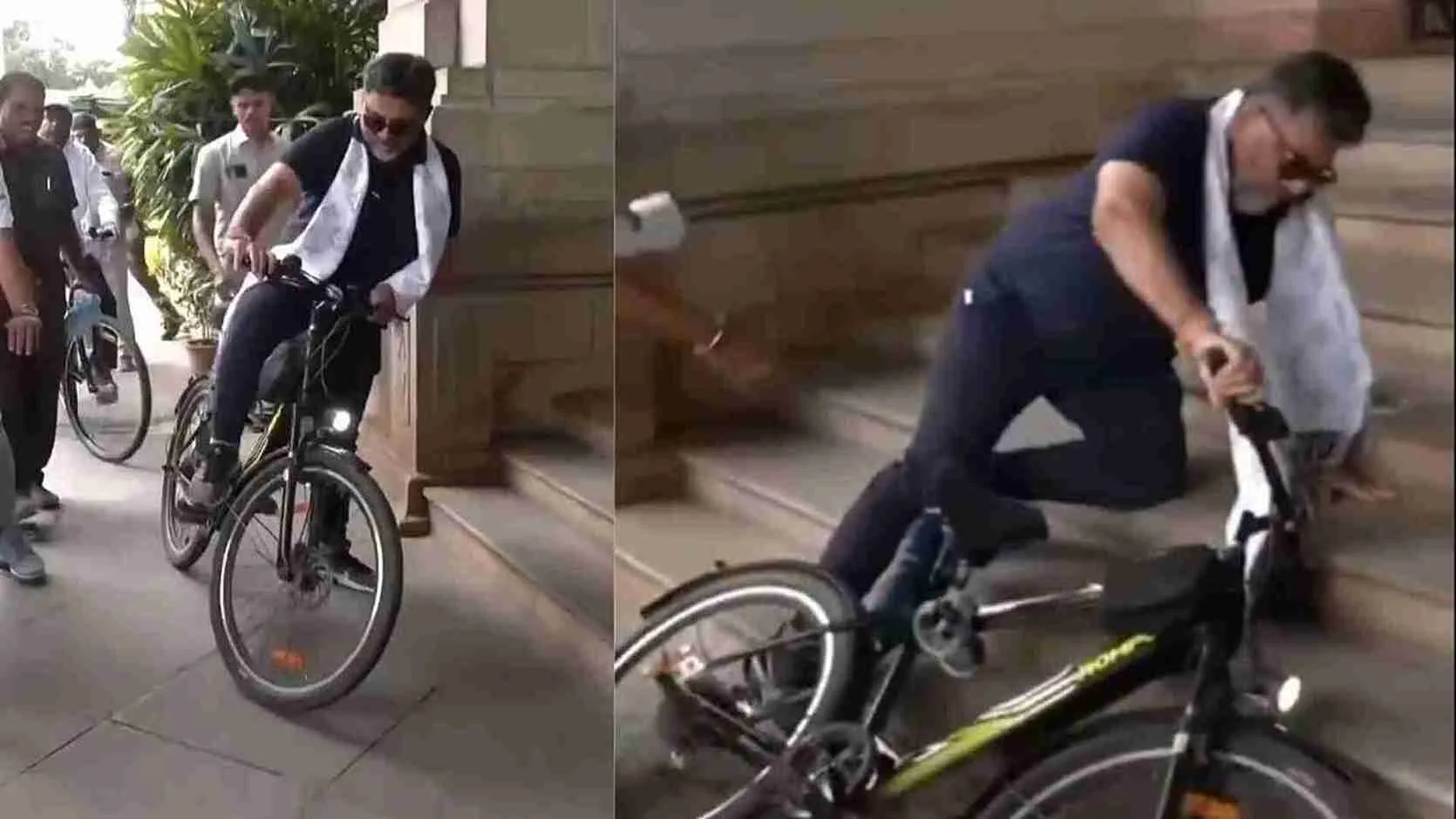 Oops! DK Shivakumar Falls Off Bicycle During Bengaluru Event | WATCH