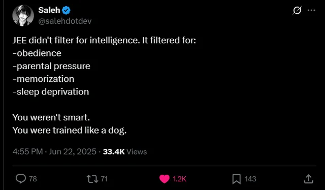 “You Weren’t Smart, You Were Trained”: Viral Tweet Slams JEE System, Sparks Outrage